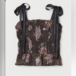 H&M x Brock / dark brown & floral / Ribbon Strap / Corset Top / size M